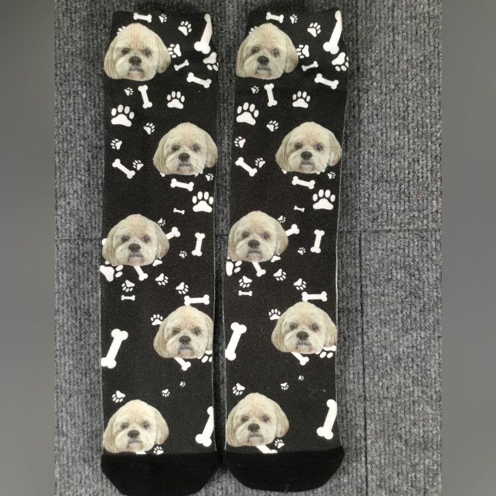 Unisex socks, dog, bones and paw print, black and white